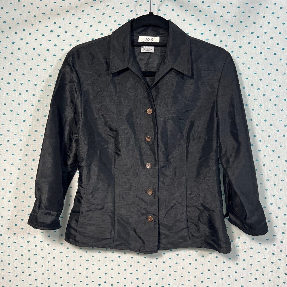AGB Byer California Black Satin Button Up Collared Long Sleeve Dress Shirt